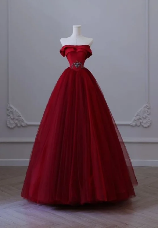 Modest Ball Gown Strapless Red Long Prom Dress Evening Dresses With Beads C2025 Limited - Time Bundle