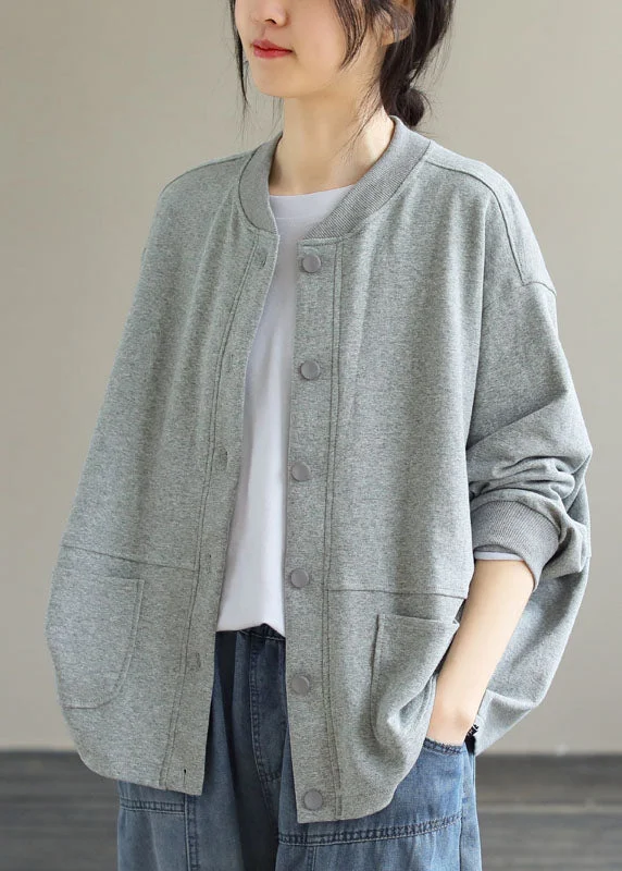 Brief Grey O-Neck Button Solid Cotton Coat Long Sleeve Feminine Soft - Hued Styles