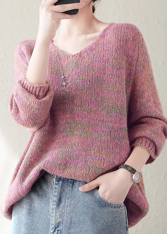 Classy Pink V Neck Cozy Knitted Cotton Sweaters Long Sleeve Lighten Up With Nordic Styles