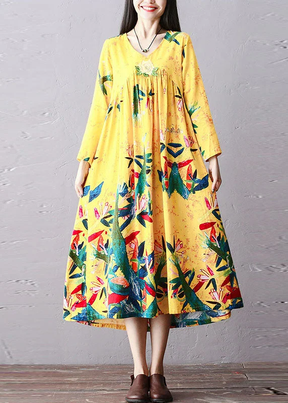 Italian Yellow Wrinkled Embroideried Print Cotton Long Dress Long Sleeve Alluring Design