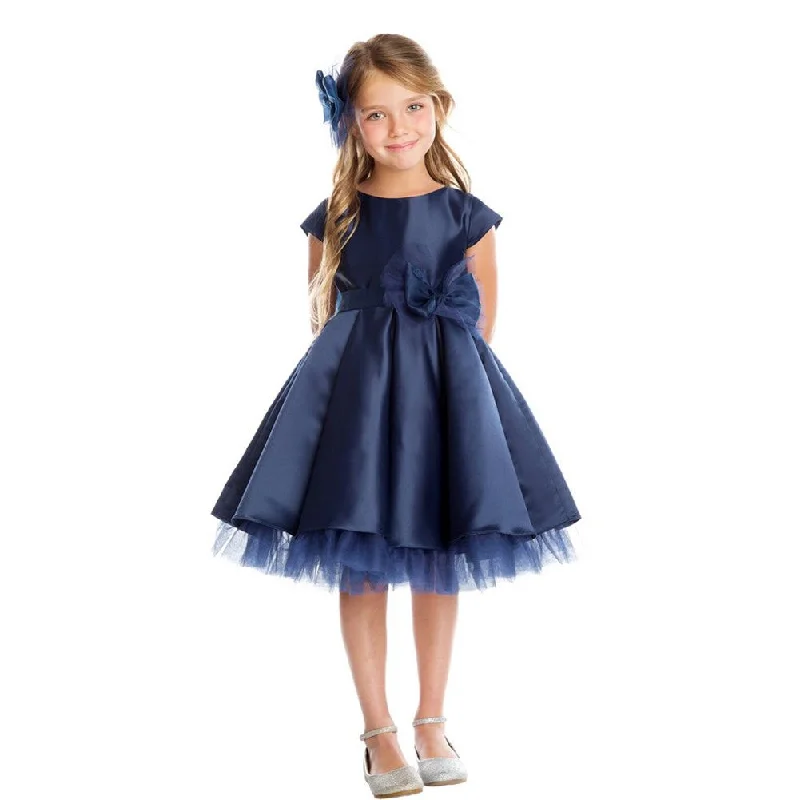 Big Girls Navy Satin Full Pleated Bow Accent Christmas Dress 7-12 Fashion Deal