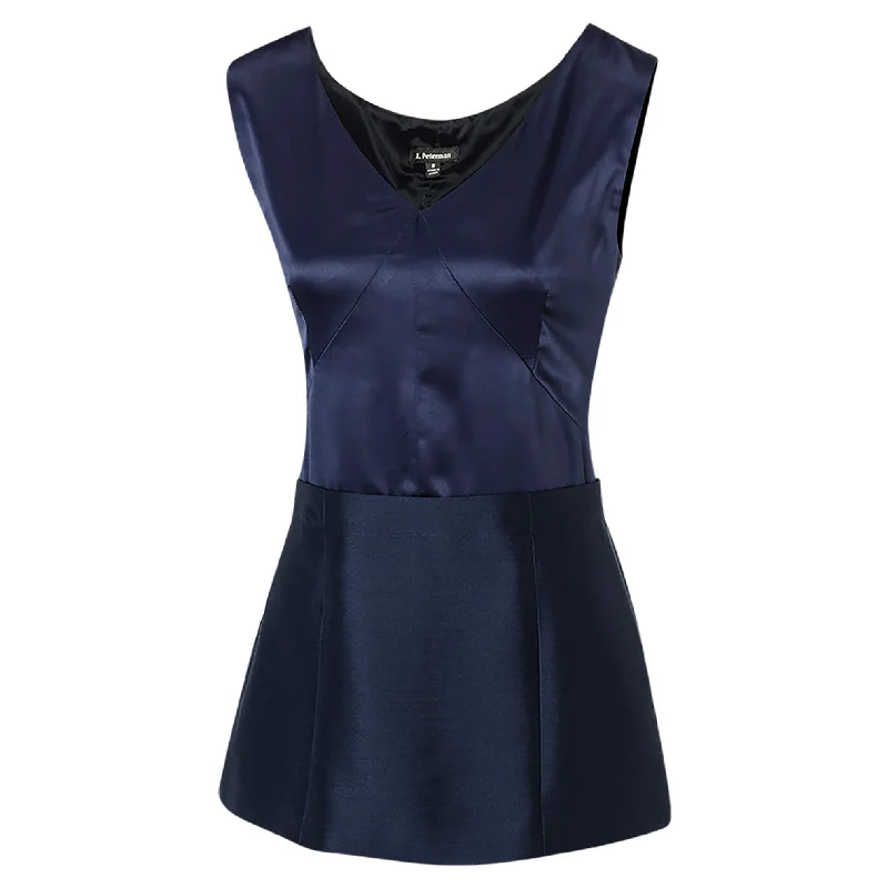 J. Peterman Women's Modern Fitted Sleeveless Peplum Blouse - Paulette Satin Blouse - Navy Boho - Chic Festival - Ready Style