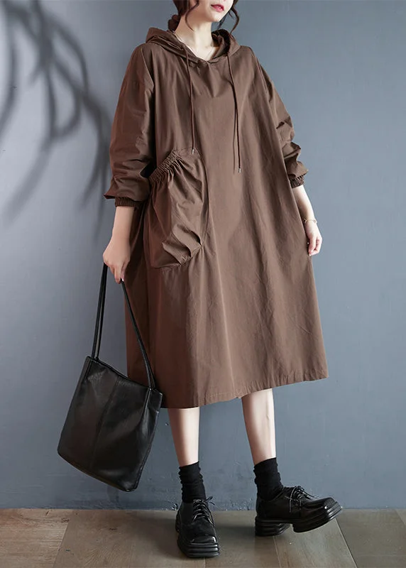 Plus Size Coffee Hooded Pockets Cotton Dress Long Sleeve Nordic Minimalist Home Look