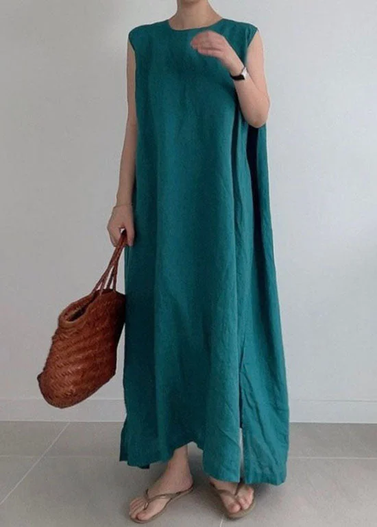 Loose Green O Neck Patchwork Cotton Dresses Sleeveless Fashion-Forward