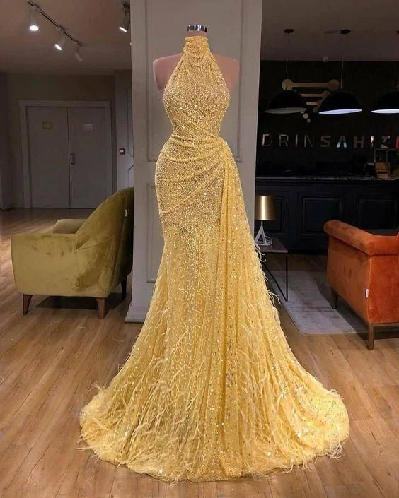 yellow evening dresses long high neck sparkly feather luxury bling evening gown formal prom dress  cg8245 Boho - Chic Festival - Ready Style