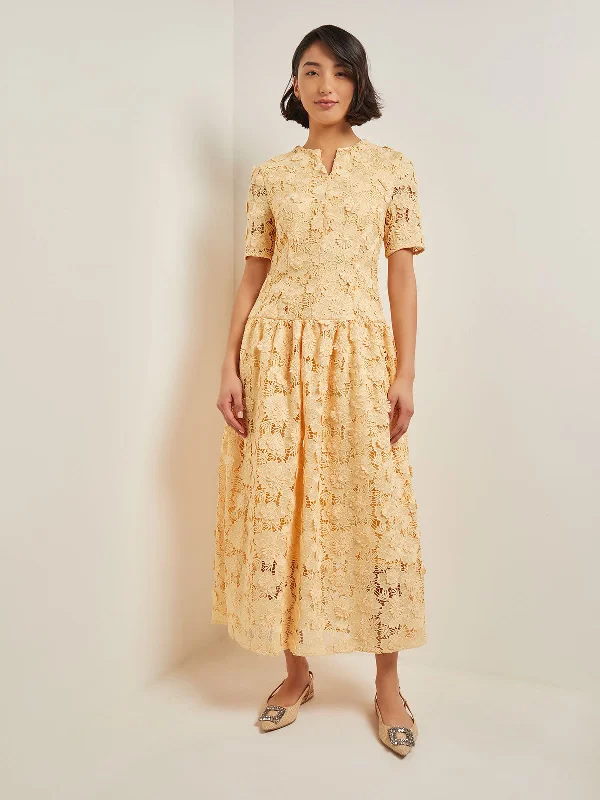 Maxi Pleated Drop Waist Dress - Floral Applique Woven Weekend Special