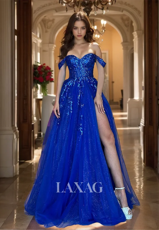 Sweetheart Sleeveless Glitter-Knit High Slit A-Line Formal Prom Dress with Applique Trimmed Limited Styles