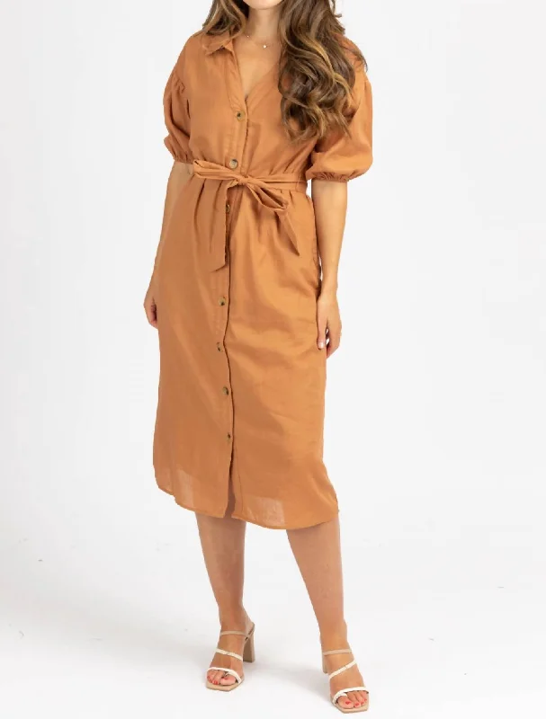 Collared Waist Tie Midi Dress In Auburn Budget-Friendly Fashion