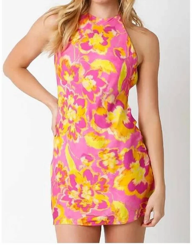 Halter Floral Dress In Pink/yellow Beat The Heat In Tropical Styles