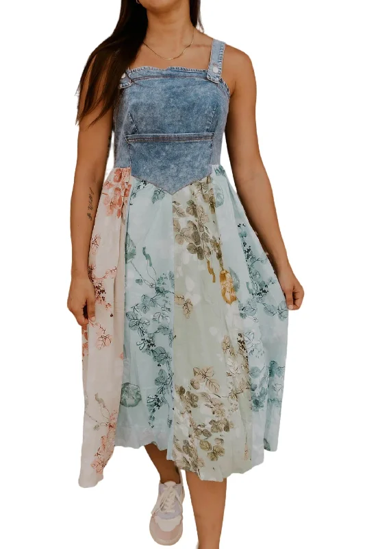 Women's Floral Denim Midi Dress In Blue Multi End Of Season Sale