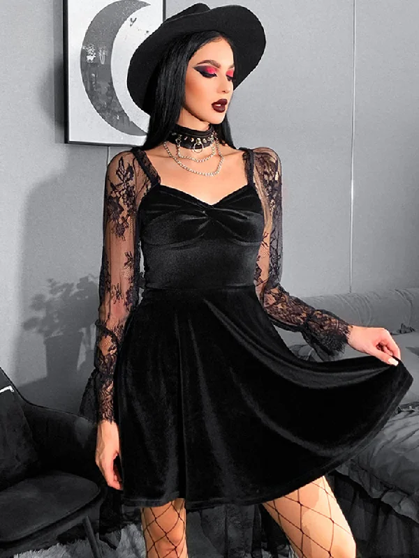 Velvet Lace Lantern Sleeve Twisted 40s 50s Retro V Neck Backless Bodycon Goth Outfit Feminine Soft - Hued Styles