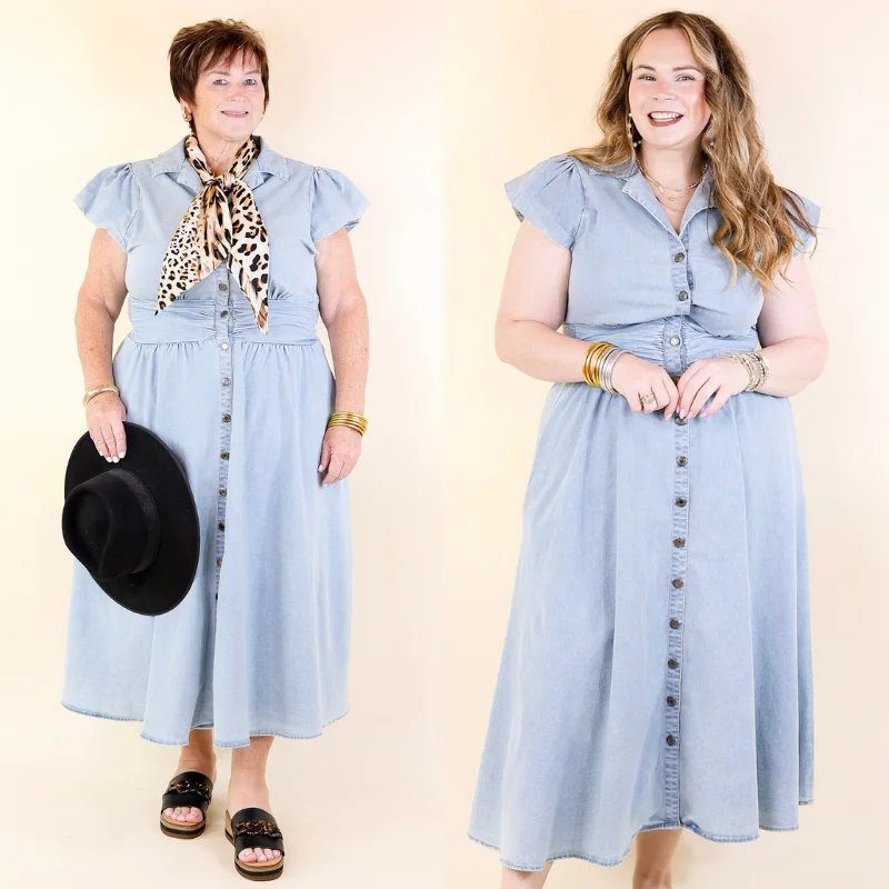 Timeless Threads Midi Maxi Dress with Smocked Bodice in Light Wash Wardrobe Essentials