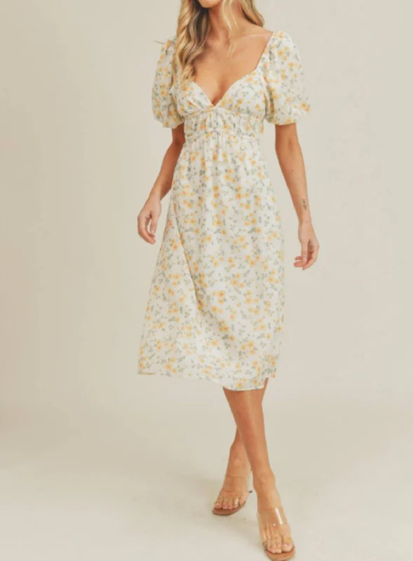 Floral Print Midi Dress In White And Yellow Combo Early Access To Art Deco Styles Sale