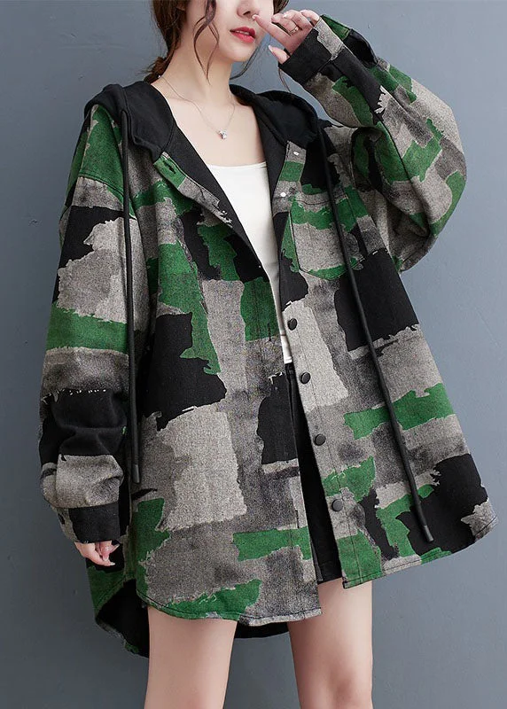 Plus Size Camouflage Print Wrinkled Hooded Coats Long Sleeve First Order Discount