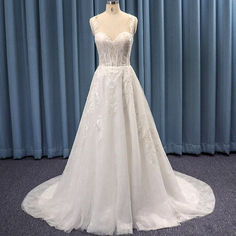 Tank Sleeve Plunging Sweetheart Neckline A-line Wedding Dress Feminine Grace