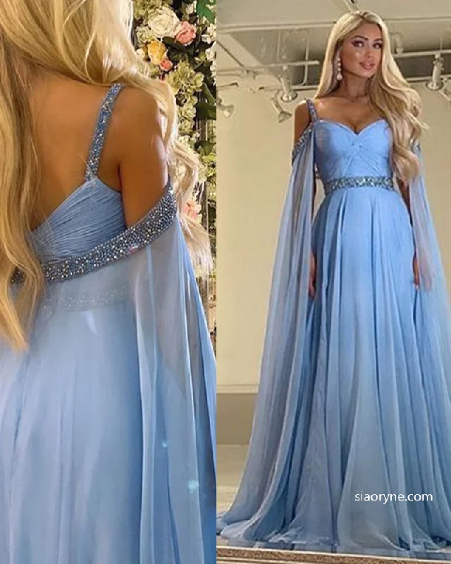 Cap Long Sleeves  Arabic Style Sky Blue Long Chiffon Evening Formal Prom Gowns with Beading Belt Spring Fashion