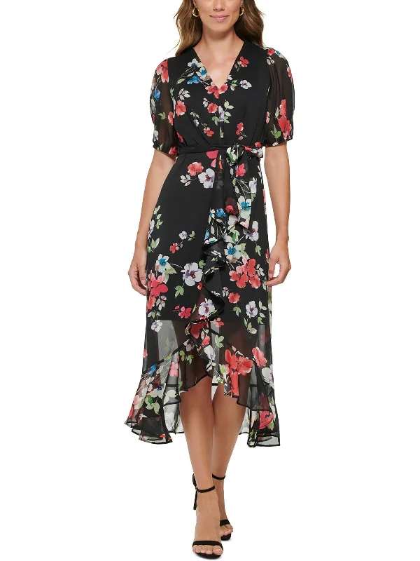 Petites Womens Floral Hi-Low Midi Dress Special Occasion Wear