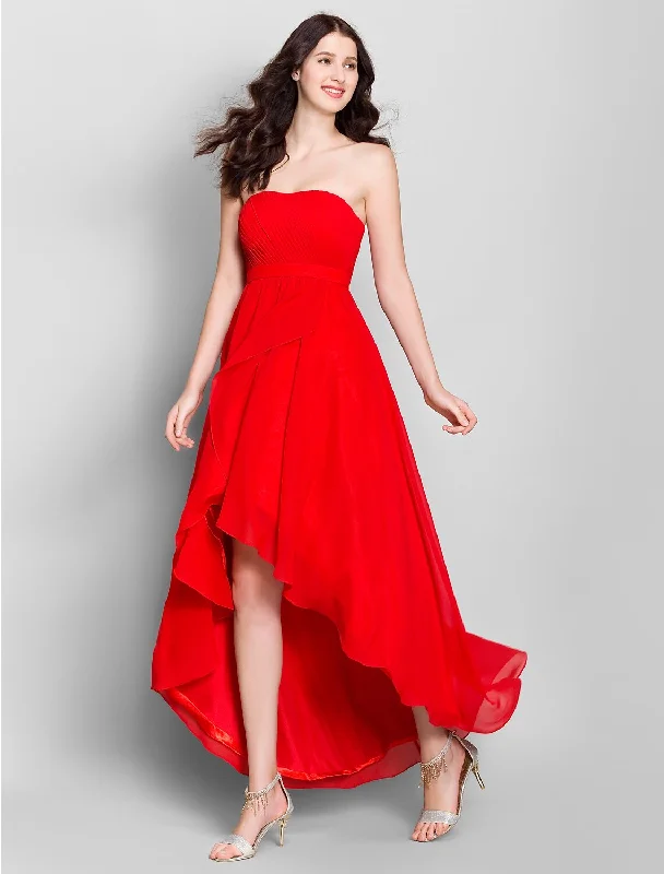 A-Line Strapless Asymmetrical Chiffon Bridesmaid Dress with Side Draping Celebrate With Big Savings