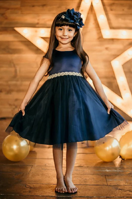 Big Girls Navy Satin Tulle Rhinestone Christmas Dress 8-14 Fashion-Forward