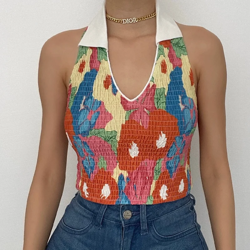 Textured contrast flower print turnover collar sleeveless halter crop top Beat The Heat In Tropical Styles