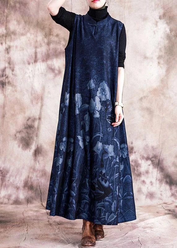 Style blue print cotton quilting dresses stand collar Chinese Button sleeveless Maxi fall Dress Feminine Soft - Hued Look