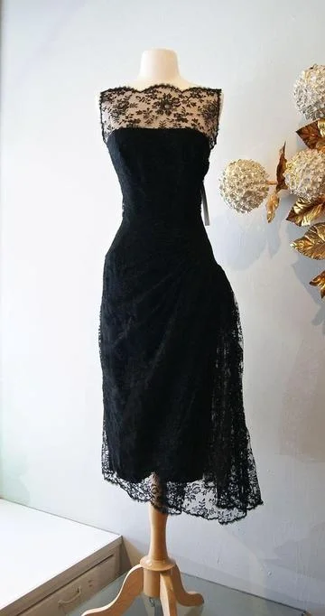 Vintage Cocktail Dresses Black Lace Prom Dress Sheer Bateau Neck Tea Length Evening Gowns    cg22796 Nordic Minimalist Home Look