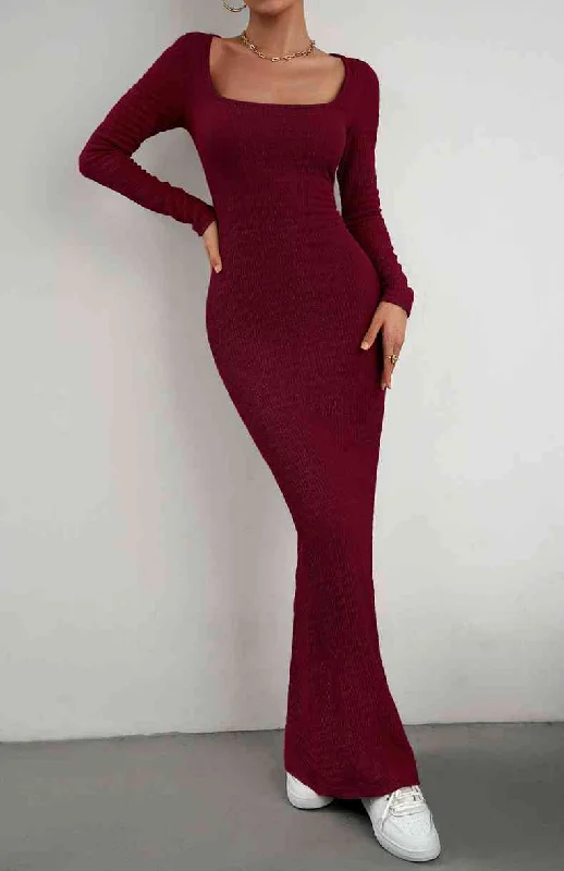 Long Sleeve Square Neck Maxi Bodycon Dress Limited Quantities