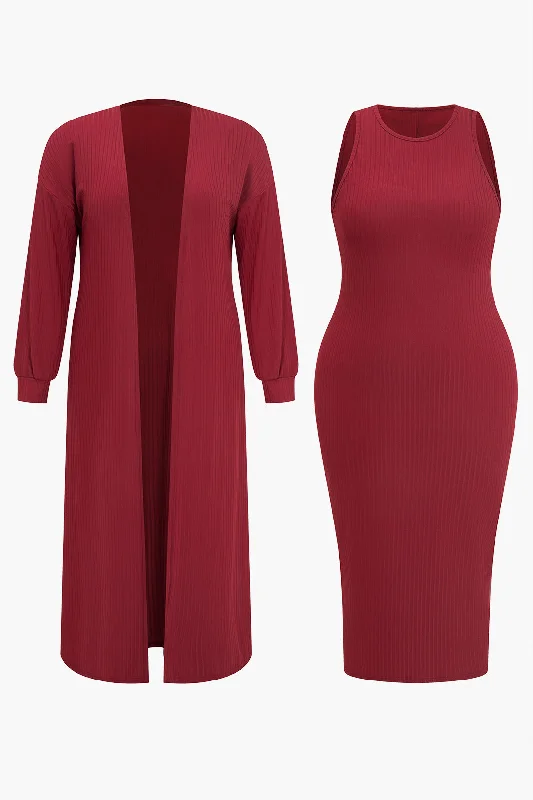 Ribbed Knit Bodycon Midi Dress Set Lightweight Fabric