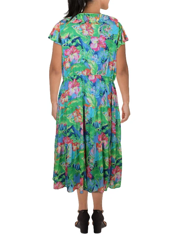 Plus   Womens Floral Print Midi Fit & Flare Dress Feminine Grace