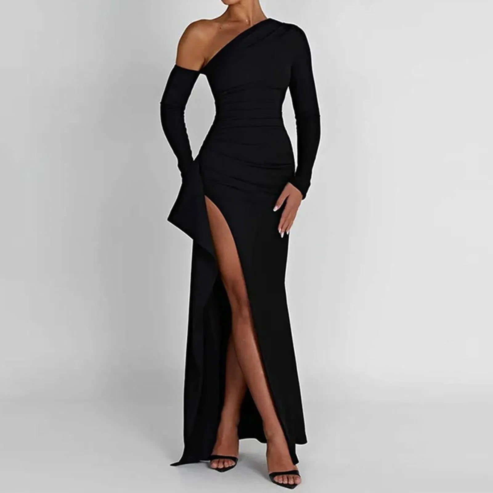 JuliaFashion - Sexy Oblique Shoulder Thigh High Split Maxi Long Sleeve Bodycon Irregular Split Long Party Evening Vestidos Dress Limited - Edition Drops