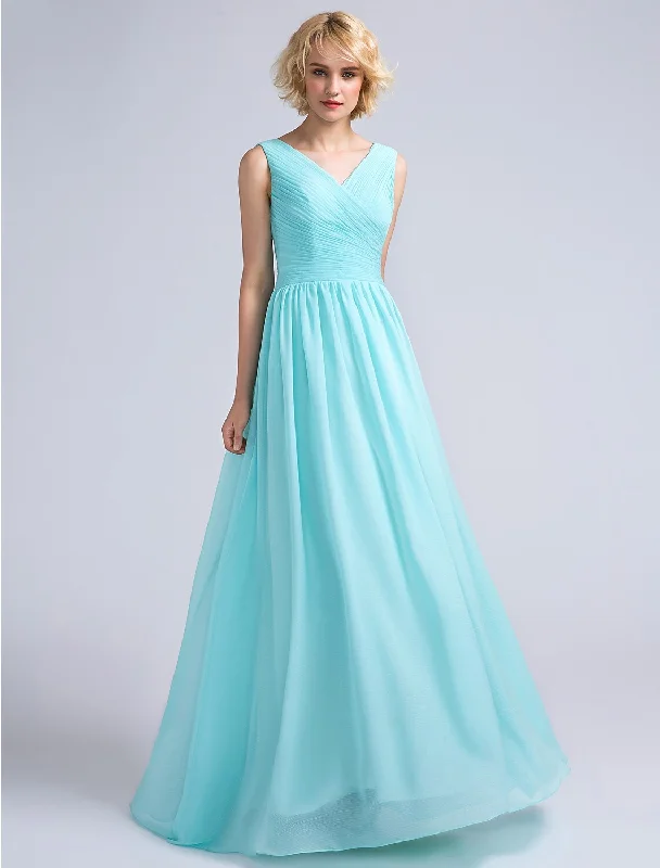 A-Line Bridesmaid Dress V Neck Sleeveless Open Back Floor Length Chiffon with Criss Cross Great Prices On Feminine Styles