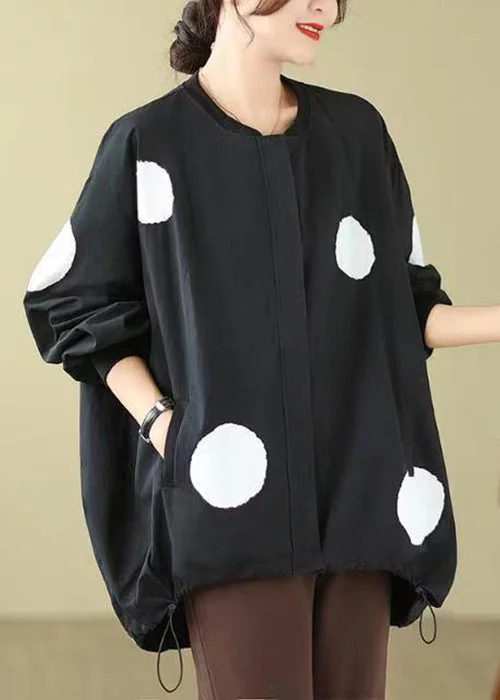 Plus Size Black Dot Zip Up Drawstring Cotton Coat Long Sleeve Elegant Contour