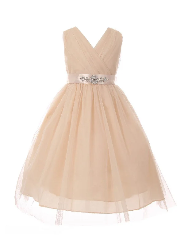 Little Girls Champagne Rhinestone Satin Sash V-Neck Tulle Flower Girl Dress 2-6 Classic Timeless Elegant Style