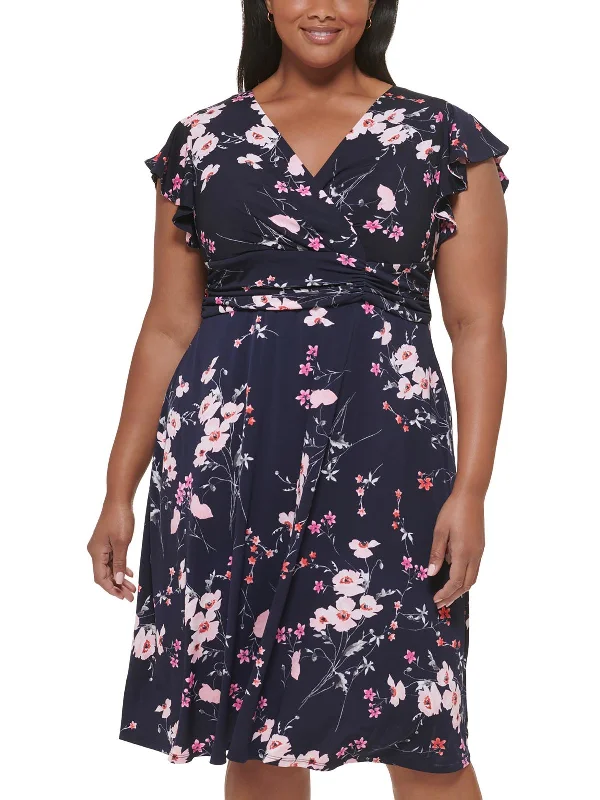 Plus Womens Floral Print Polyester Midi Dress Chic Style