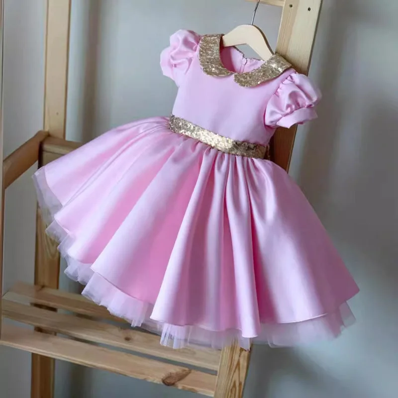 Elegant Baby Girls Pink Satin Birthday Princess Dress Toddler Christening Dresses Chic Style