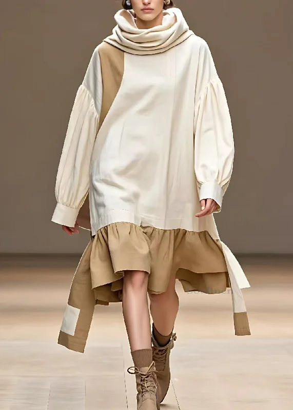 Art Beige Asymmetrical Patchwork Long Dress Long Sleeve Today Only