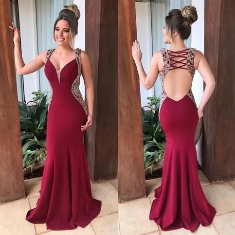 Burgundy Mermaid Prom Dress Sexy Open Back Beaded Floor Length Luxury Evening Party Gowns   cg11052 Parisian Effortless Chic Style