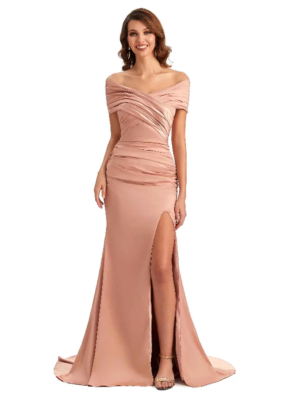 Sexy Off The Shoulder Side Slit Mermaid Satin Unique Long Wedding Guest Dresses Mid - Week Surprise