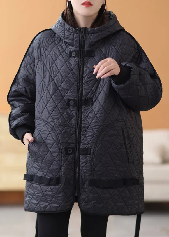 Black Solid Patchwork Thick Parka Zip Up Long Sleeve Hollywood Glam Award - Show Style