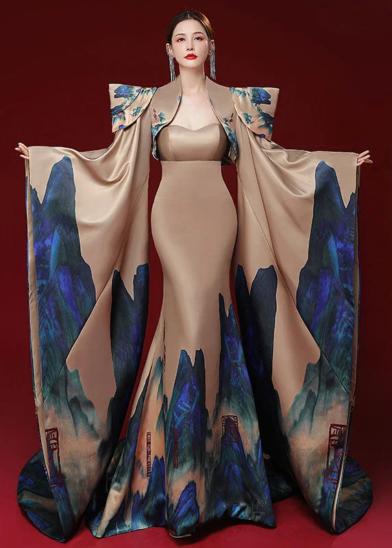 Modern Champagne Patchwork Silk Mantle And Bustier Fishtail Dress Two Pieces Set Long Sleeve Today Only