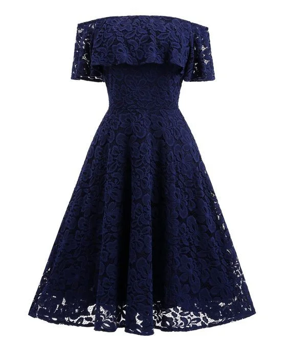 Navy Blue Short Soft Lace Prom Dress Off Shoulder Women Party Gowns        cg23573 Effortless Sophistication