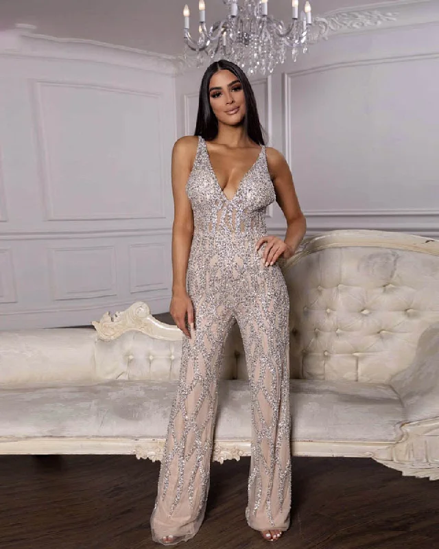 Siaoryne Luxury V Neck Nude Beading Jumpsuit Evening Formal Gowns Dress Long Sleeveless Clearance Event