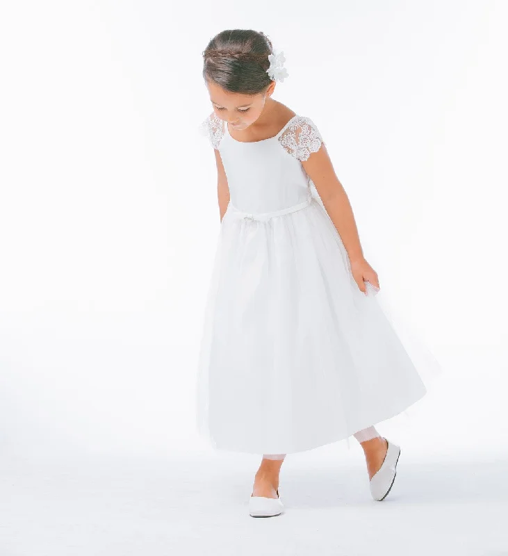 Little Girls Off White Lace Sleeve Satin Flower Girl Dress 2T-6 Summer Essentials