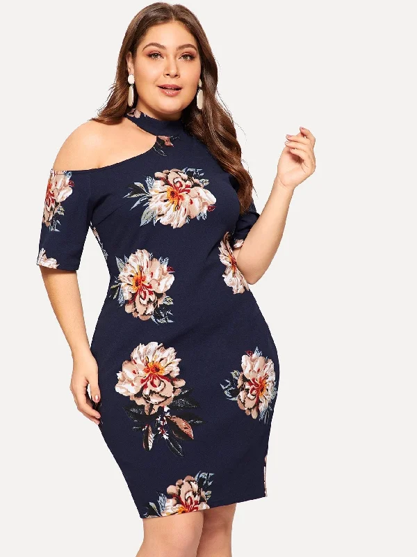 Plus Cut-out Shoulder Floral Bodycon Dress Clearance Event