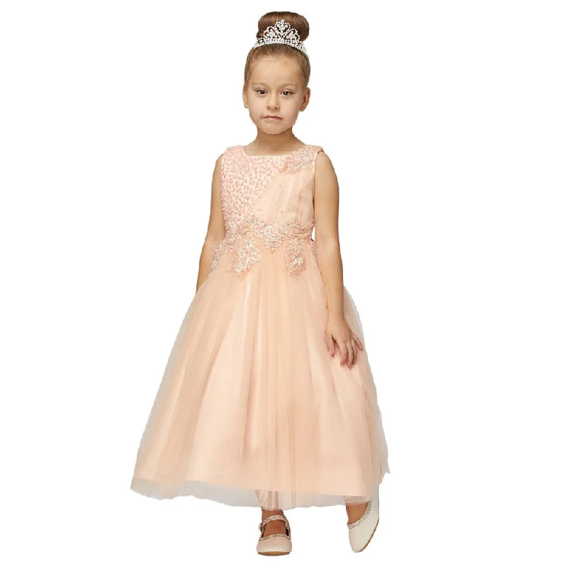 Little Girls Cream Pearl Bead Coiled Lace Satin Tulle Flower Girl Dress 4-6 Casual Weekend Relaxed Style