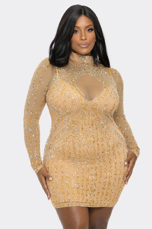 Ms Pretty Tan Rhinestone Embellished Bodycon Mini Dress Save On Inspired Styles