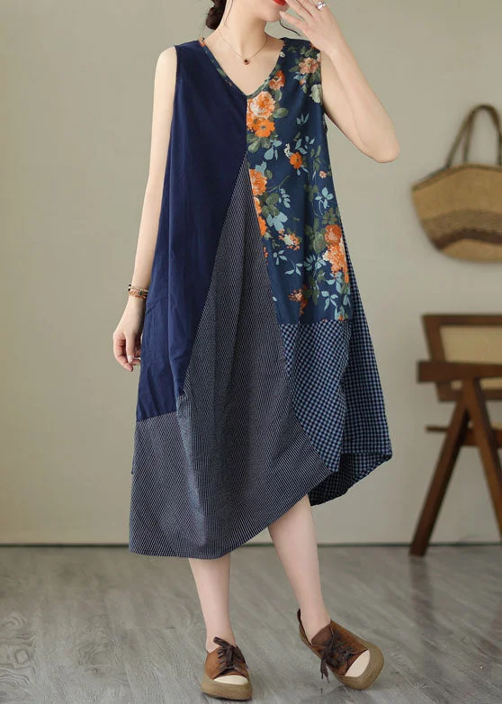 Unique Blue Asymmetrical Print Patchwork Linen Exra Large Hem Dress Sleeveless Weekend Special