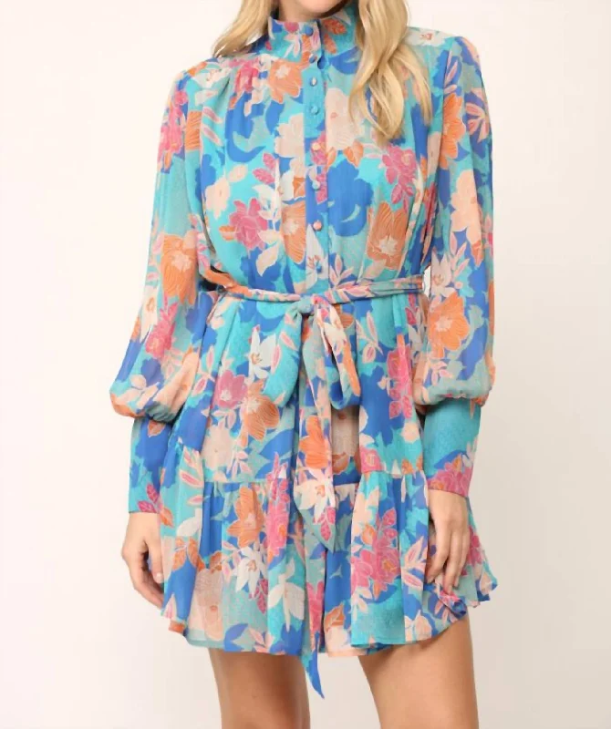 Floral Print Chiffon Ruffle Dress In Blue Multi Hollywood Glam Award - Show Style