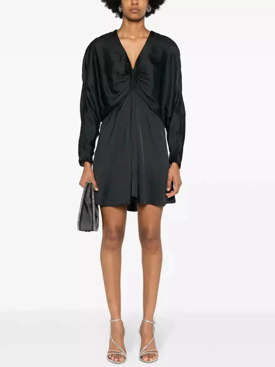 Batwing Black Satin Draped Mini Dress Wardrobe Essentials