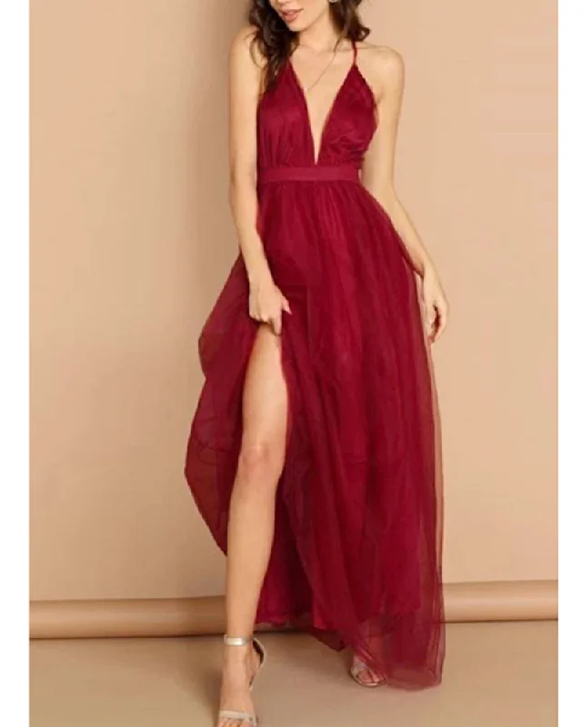 Wine Red Soft Tulle Sexy V Neck Long 2020 Evening Gowns Women Party Dress with Spaghetti Straps LP20170 Wardrobe Refresh